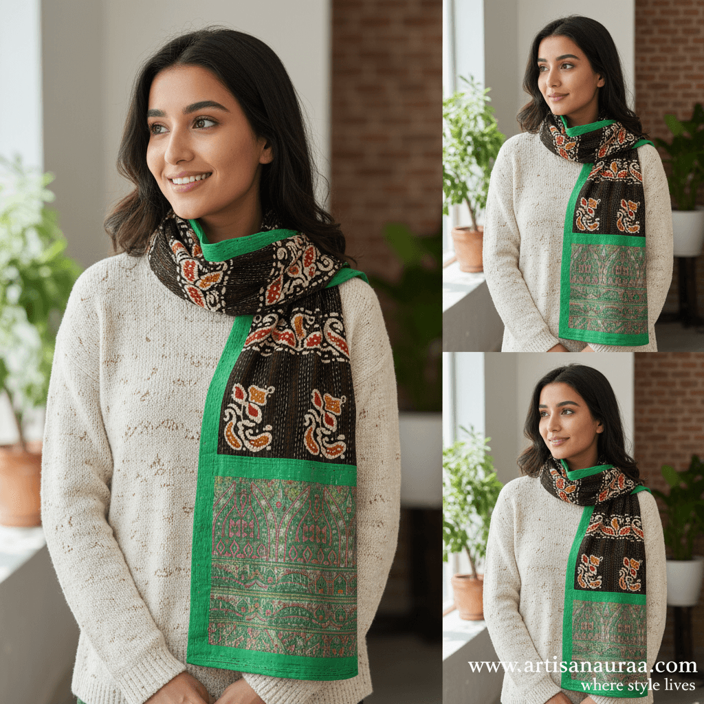 One-of-a-Kind Green Kantha Scarf | Sustainable Artisan Fashion (Emerald & Earth Edition)