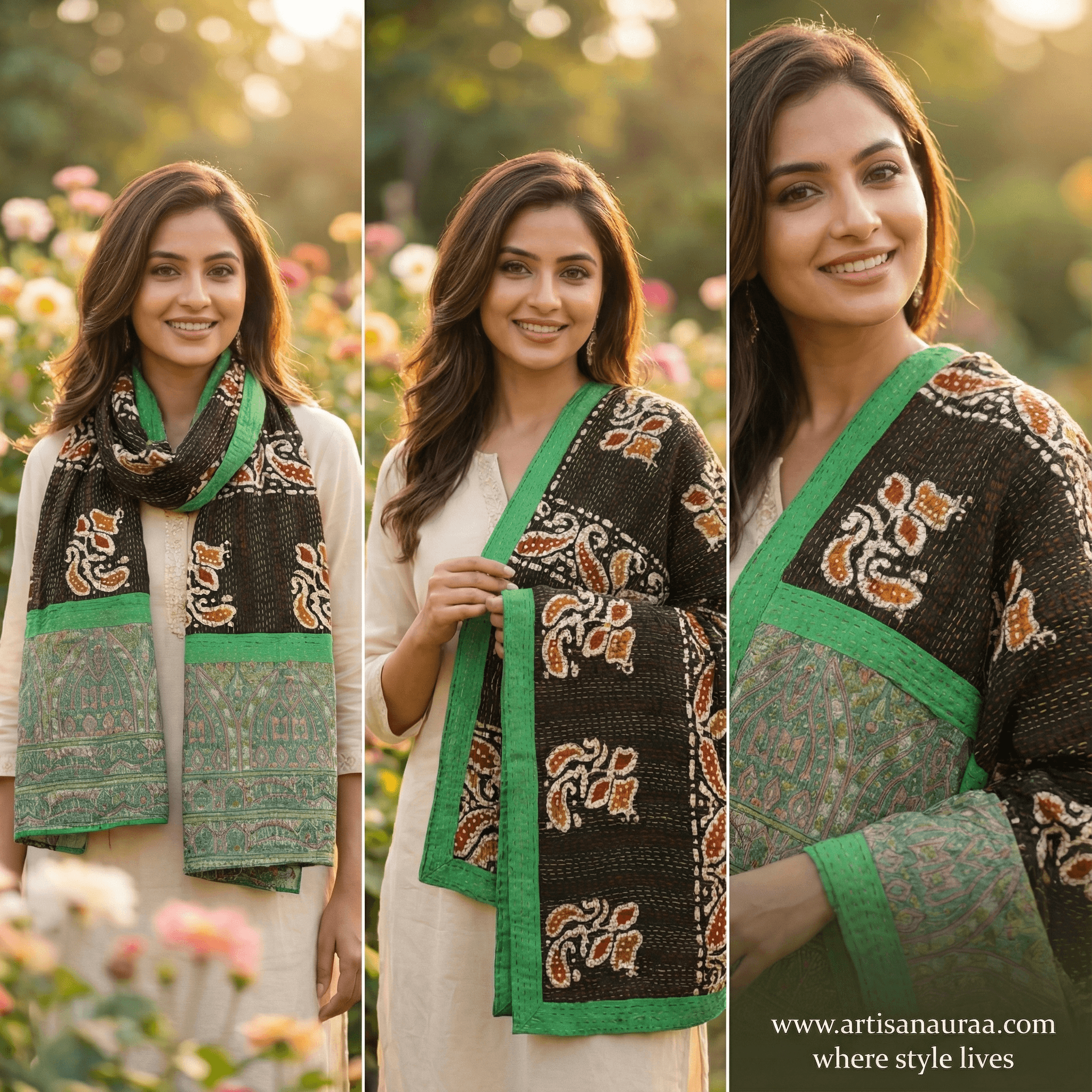 One-of-a-Kind Green Kantha Scarf | Sustainable Artisan Fashion (Emerald & Earth Edition)