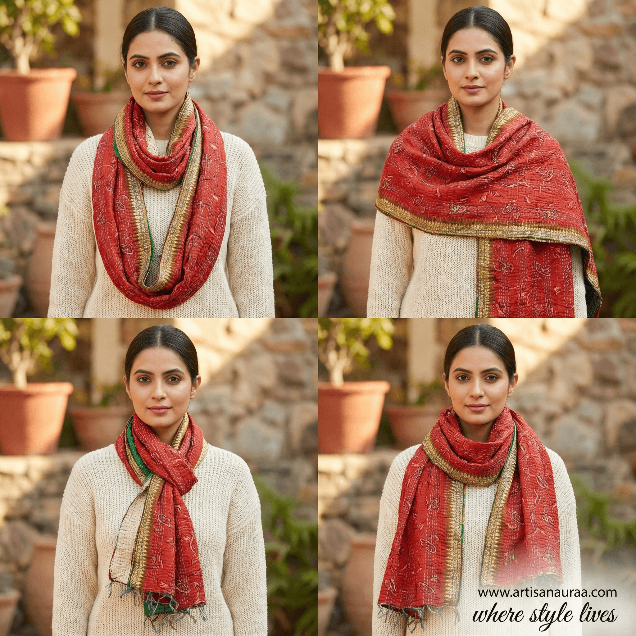 One-of-a-Kind Red Kantha Scarf | Sustainable Artisan Fashion (Crimson Edition)