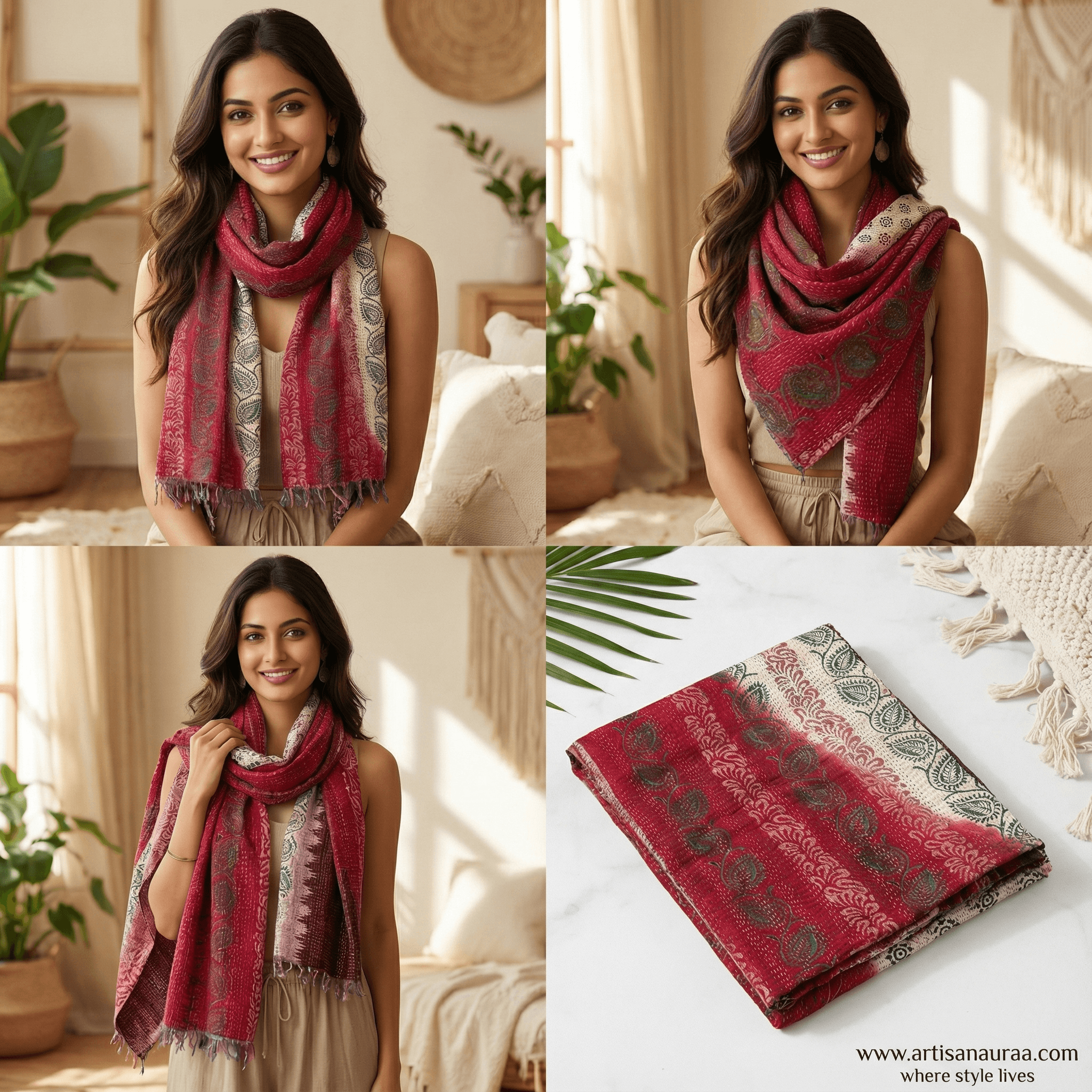 One-of-a-Kind Red Kantha Scarf | Sustainable Artisan Fashion (Crimson Edition)