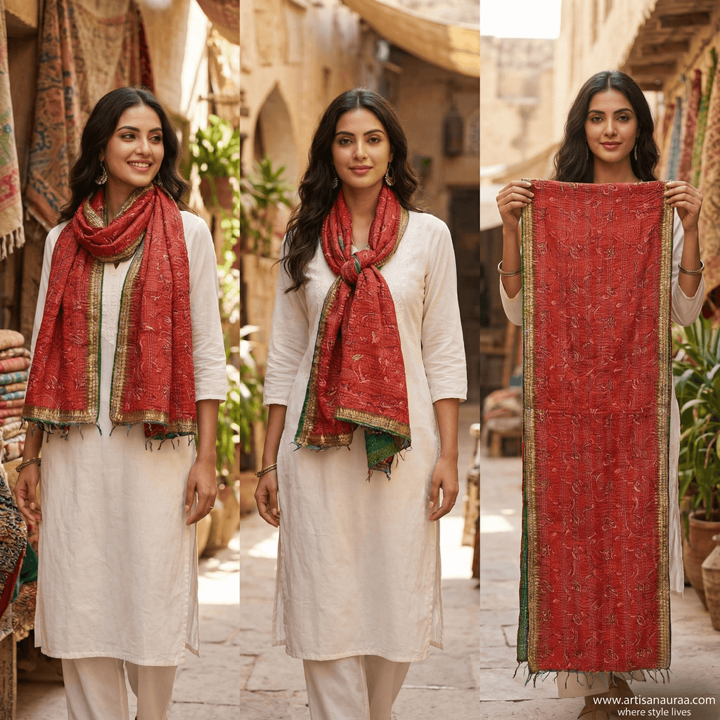 One-of-a-Kind Red Kantha Scarf | Sustainable Artisan Fashion (Crimson Edition)