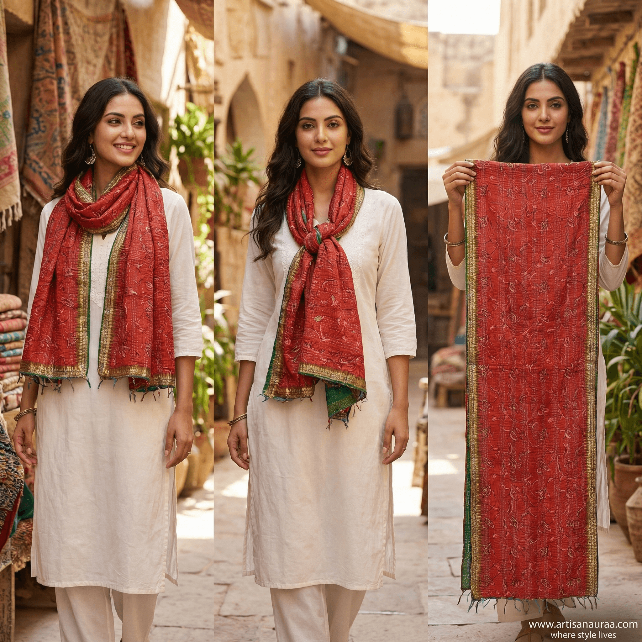 One-of-a-Kind Red Kantha Scarf | Sustainable Artisan Fashion (Crimson Edition)