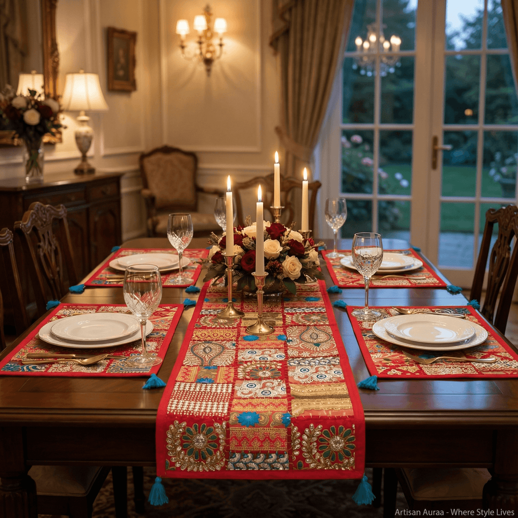 Vibrant Bohemian Patchwork Table Runner & Placemat Set (7-Piece)