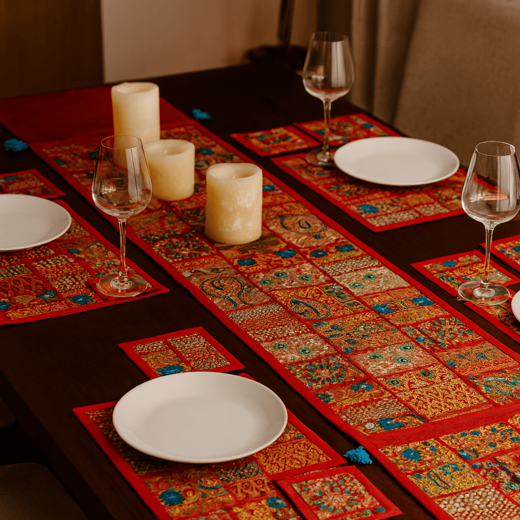 Vibrant Bohemian Patchwork Table Runner & Placemat Set (7-Piece)