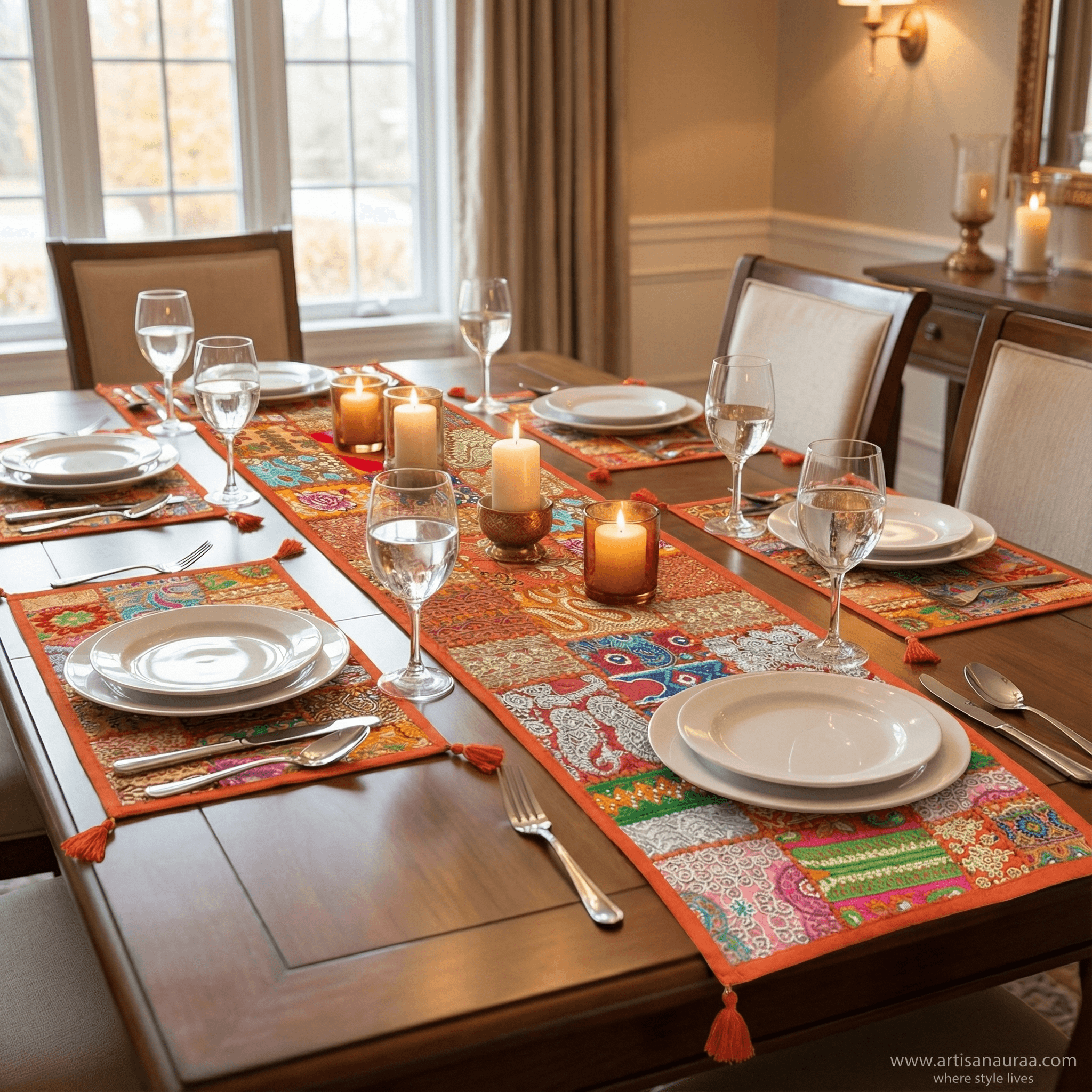 Vibrant Bohemian Patchwork Table Runner & Placemat Set (7-Piece)