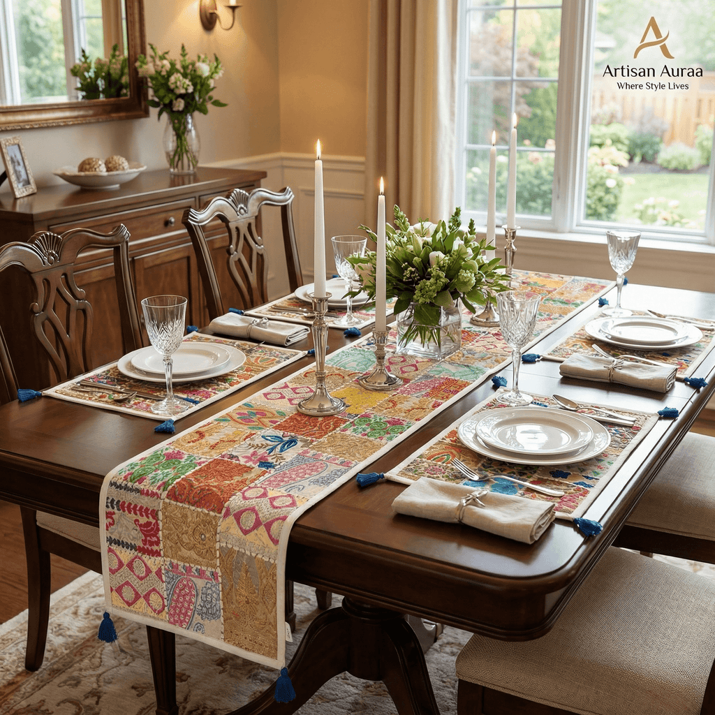 Vibrant Bohemian Patchwork Table Runner & Placemat Set (7-Piece)