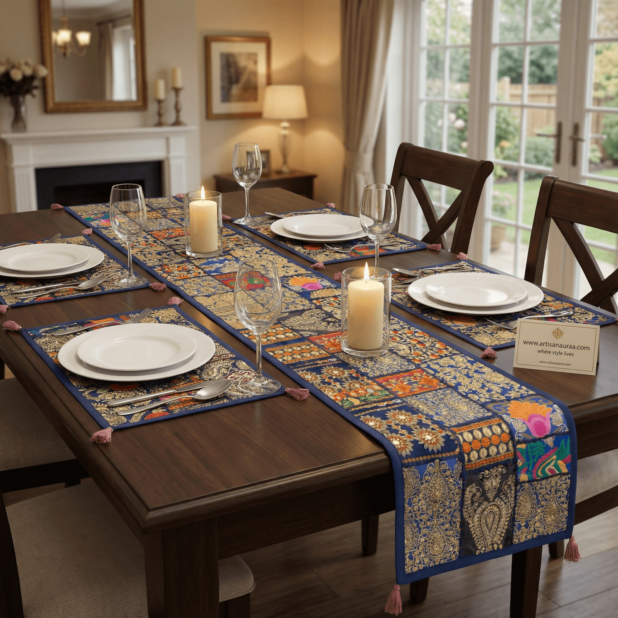 Vibrant Bohemian Patchwork Table Runner & Placemat Set (7-Piece)