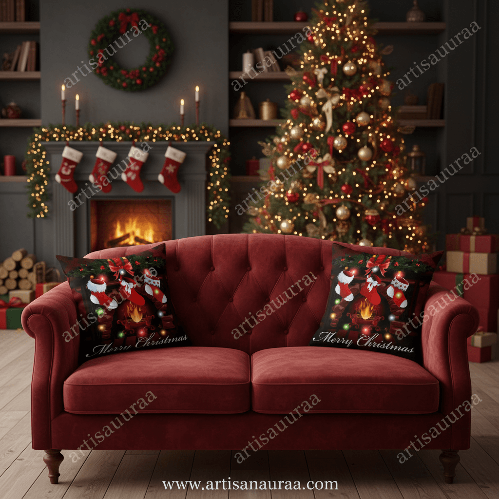 Merry Christmas Fireplace & Stockings Cushion Cover (18x18) | Festive Holiday Throw Pillow Case | Artisan Auraa Home Decor