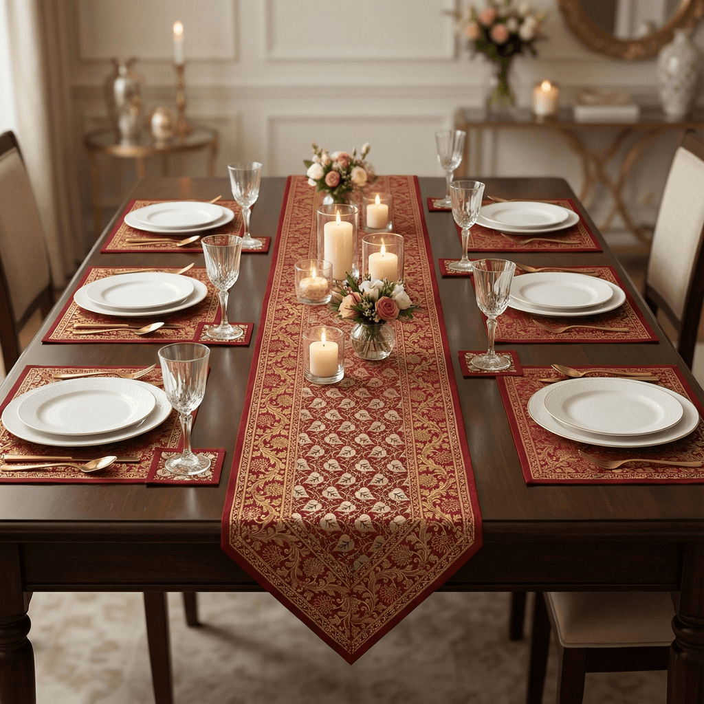 Elegant dining room table setting featuring the deep crimson and gold brocade table runner, six matching placemats, and coasters, adorned with candles and floral arrangements.