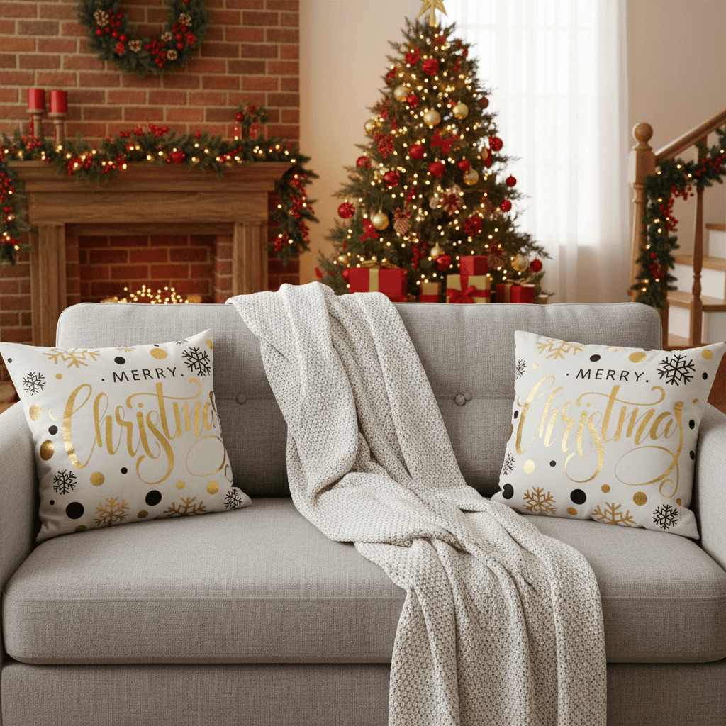 Merry Christmas & Happy Holidays Throw Pillow Cover - Elegant Gold Snowflake Design