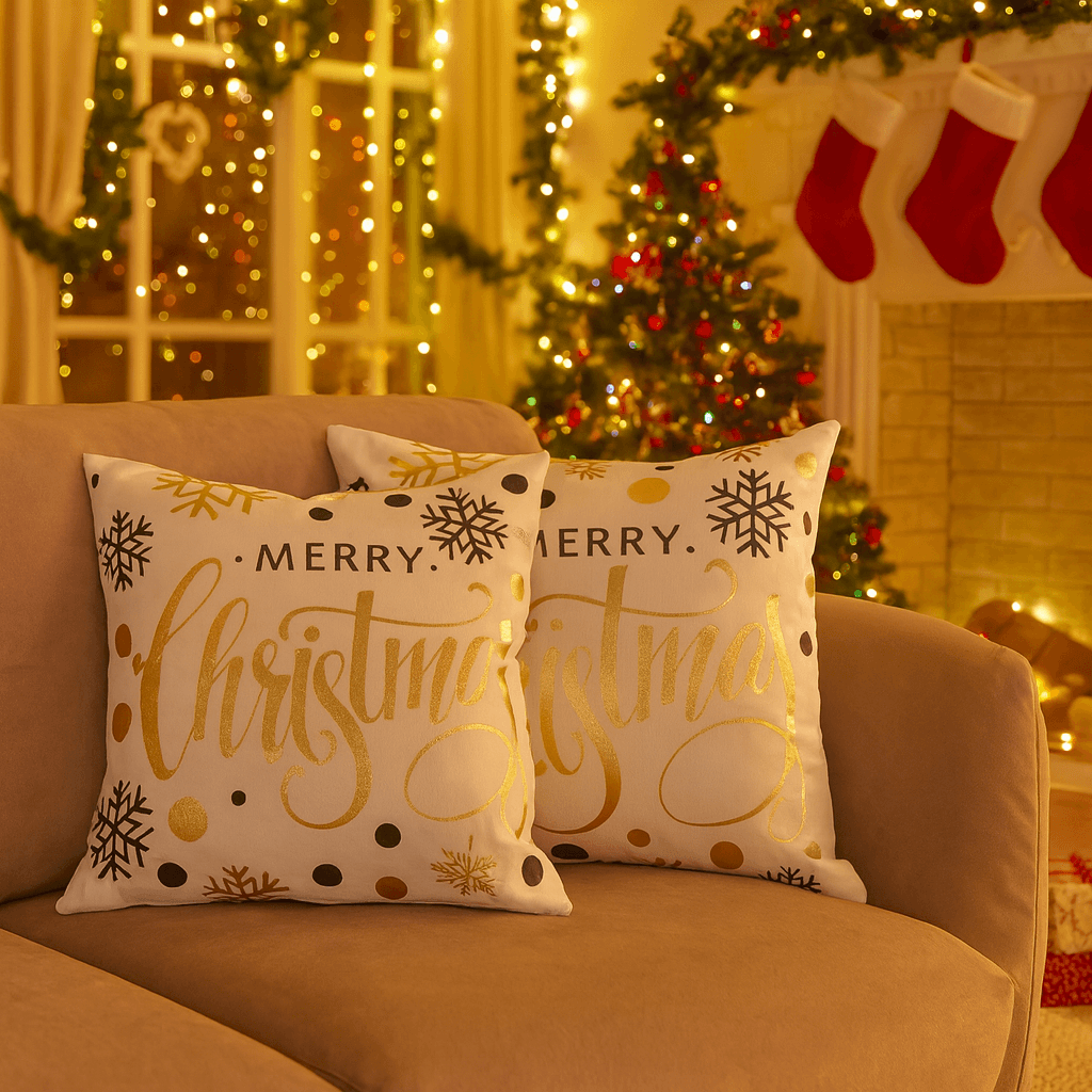 Merry Christmas & Happy Holidays Throw Pillow Cover - Elegant Gold Snowflake Design