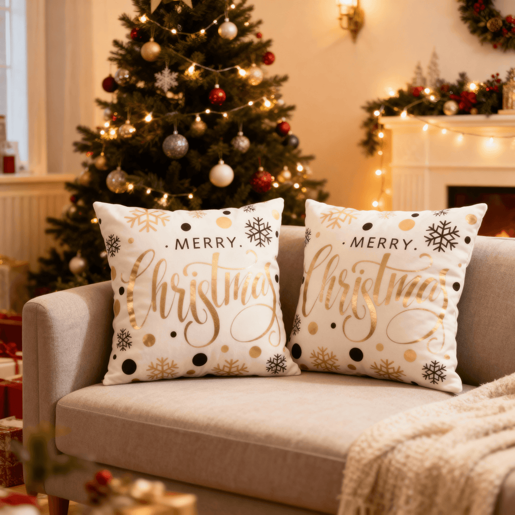 Merry Christmas & Happy Holidays Throw Pillow Cover - Elegant Gold Snowflake Design
