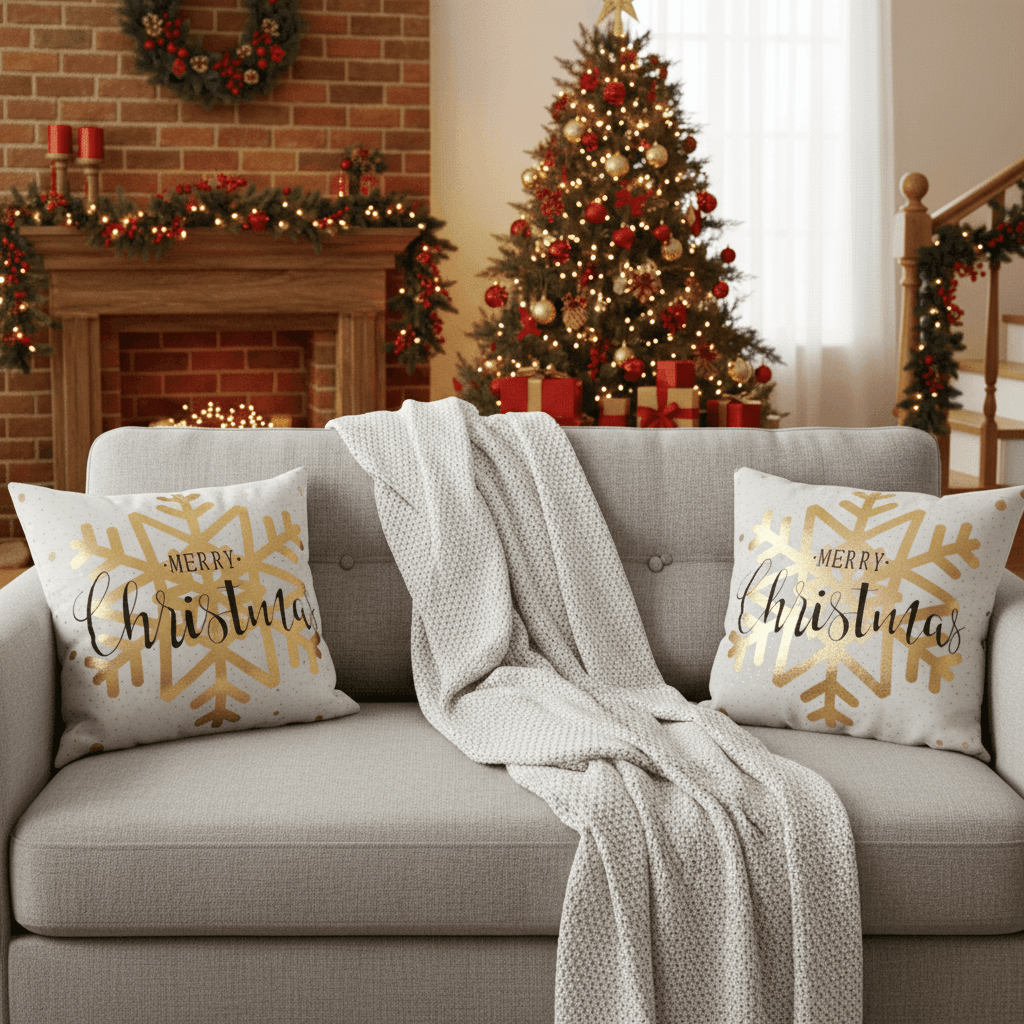 Merry Christmas & Happy Holidays Throw Pillow Cover - Elegant Gold Snowflake Design