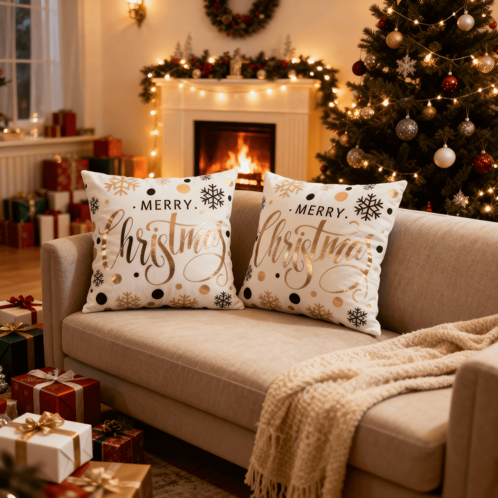 Merry Christmas & Happy Holidays Throw Pillow Cover - Elegant Gold Snowflake Design
