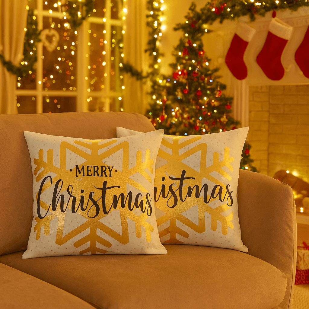 Merry Christmas & Happy Holidays Throw Pillow Cover - Elegant Gold Snowflake Design