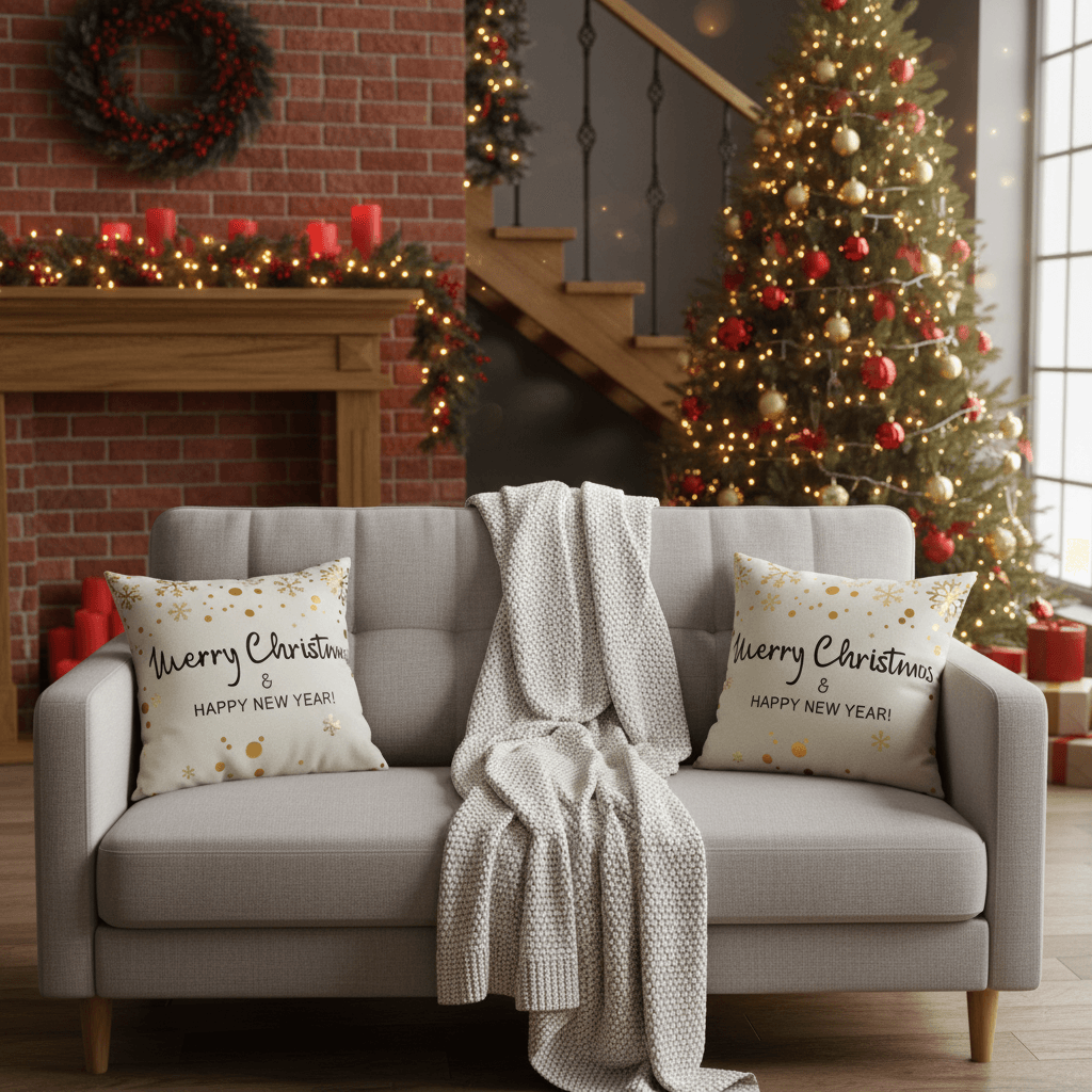 Merry Christmas & Happy Holidays Throw Pillow Cover - Elegant Gold Snowflake Design