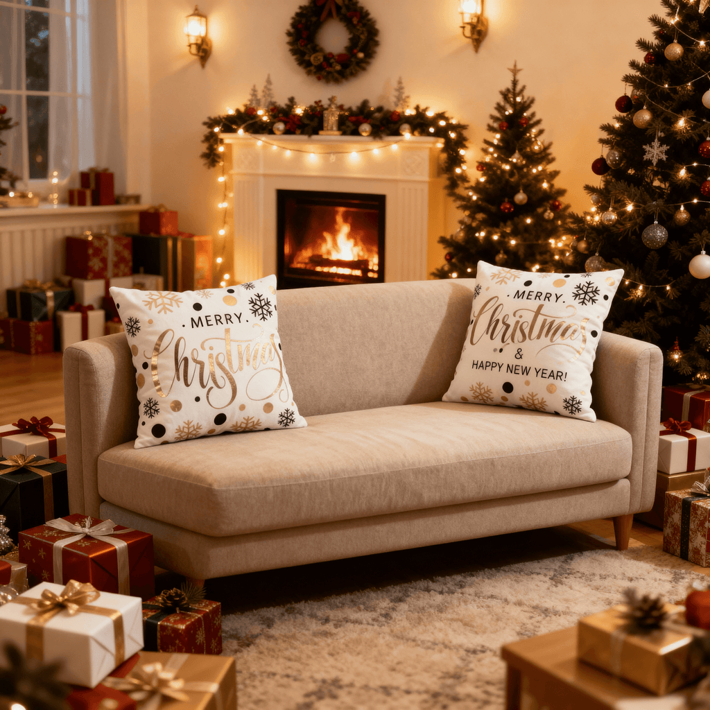 Merry Christmas & Happy Holidays Throw Pillow Cover - Elegant Gold Snowflake Design