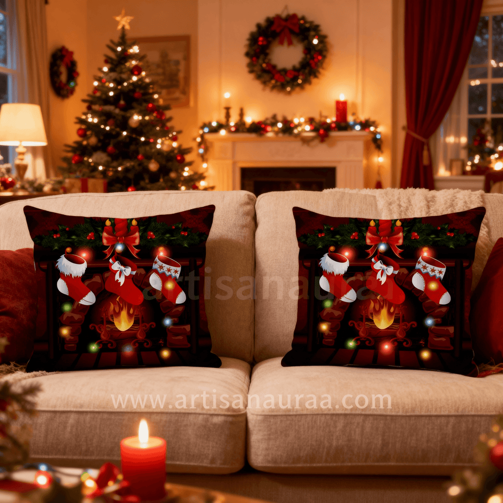 Merry Christmas Fireplace & Stockings Cushion Cover (18x18) | Festive Holiday Throw Pillow Case | Artisan Auraa Home Decor