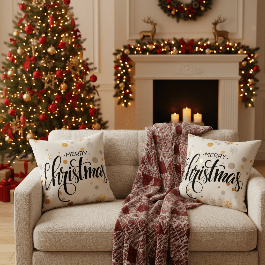 Merry Christmas & Happy Holidays Throw Pillow Cover - Elegant Gold Snowflake Design