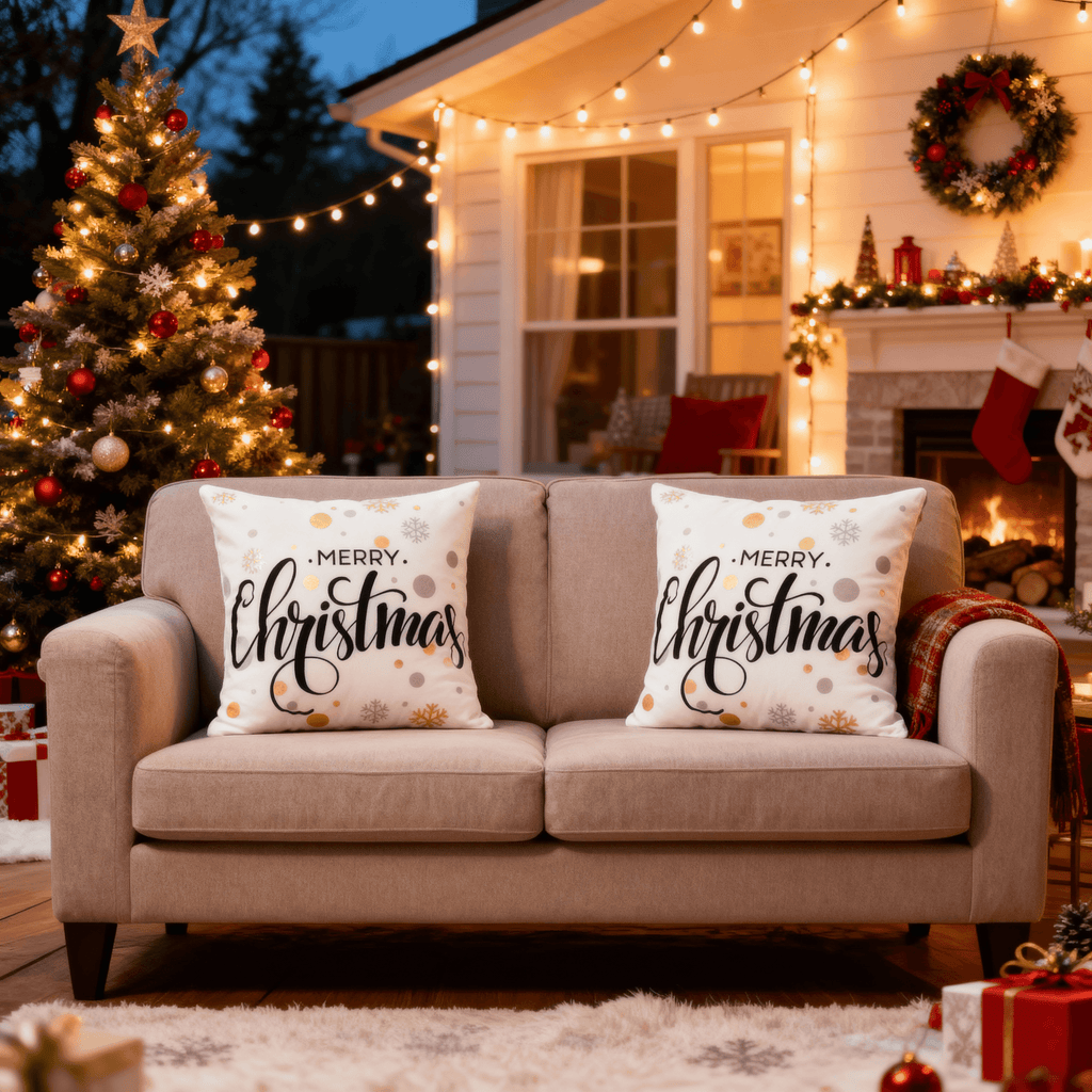 Merry Christmas & Happy Holidays Throw Pillow Cover - Elegant Gold Snowflake Design