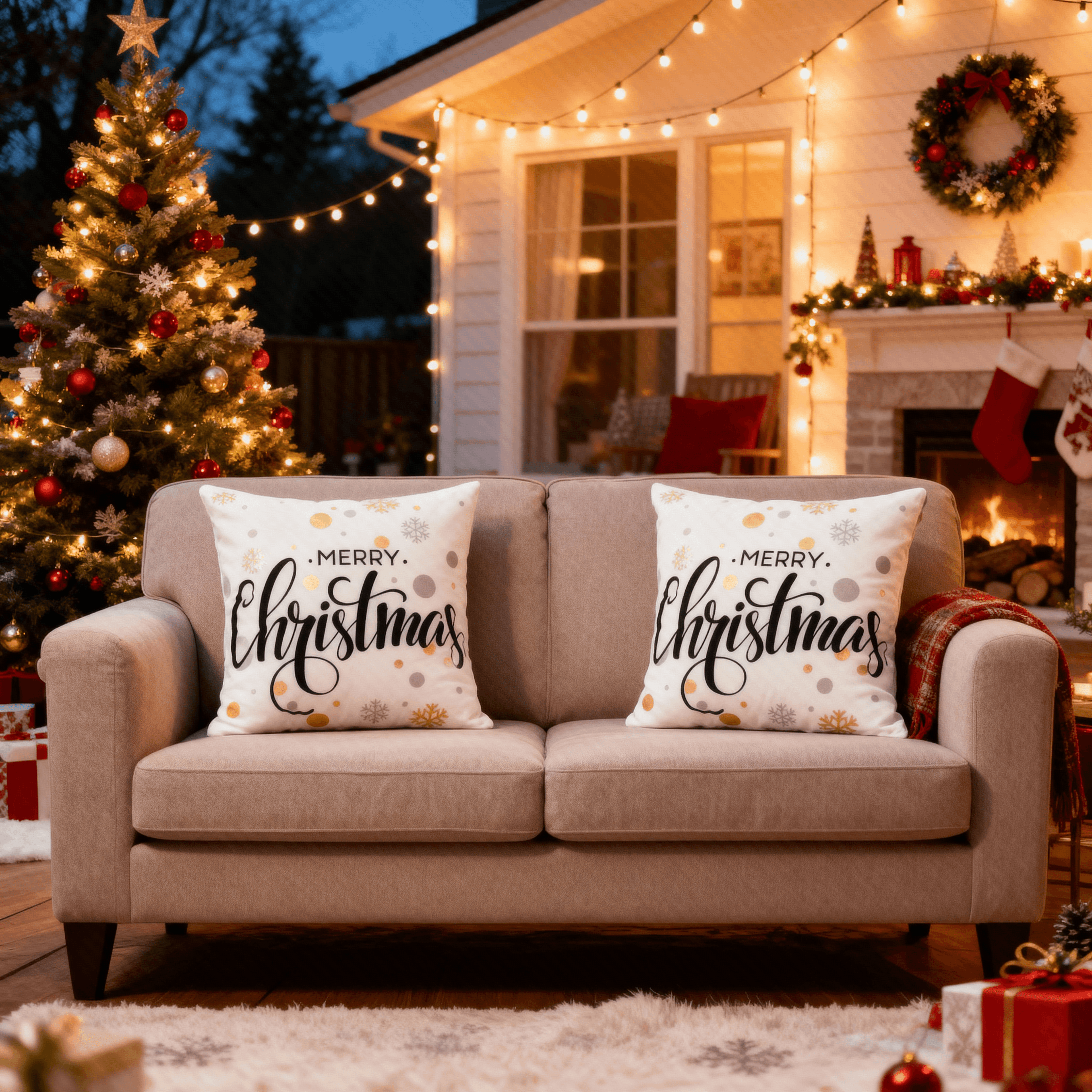 Merry Christmas & Happy Holidays Throw Pillow Cover - Elegant Gold Snowflake Design