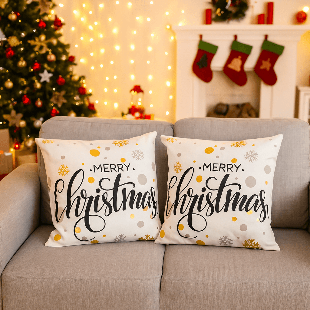 Merry Christmas & Happy Holidays Throw Pillow Cover - Elegant Gold Snowflake Design
