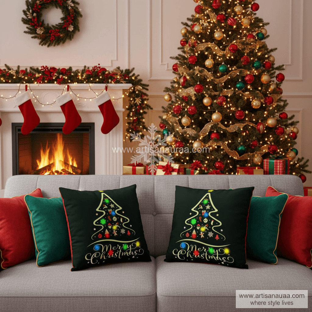 🎄 Midnight Glow: Stylized Christmas Tree & Lights Cushion Cover (18" x 18")