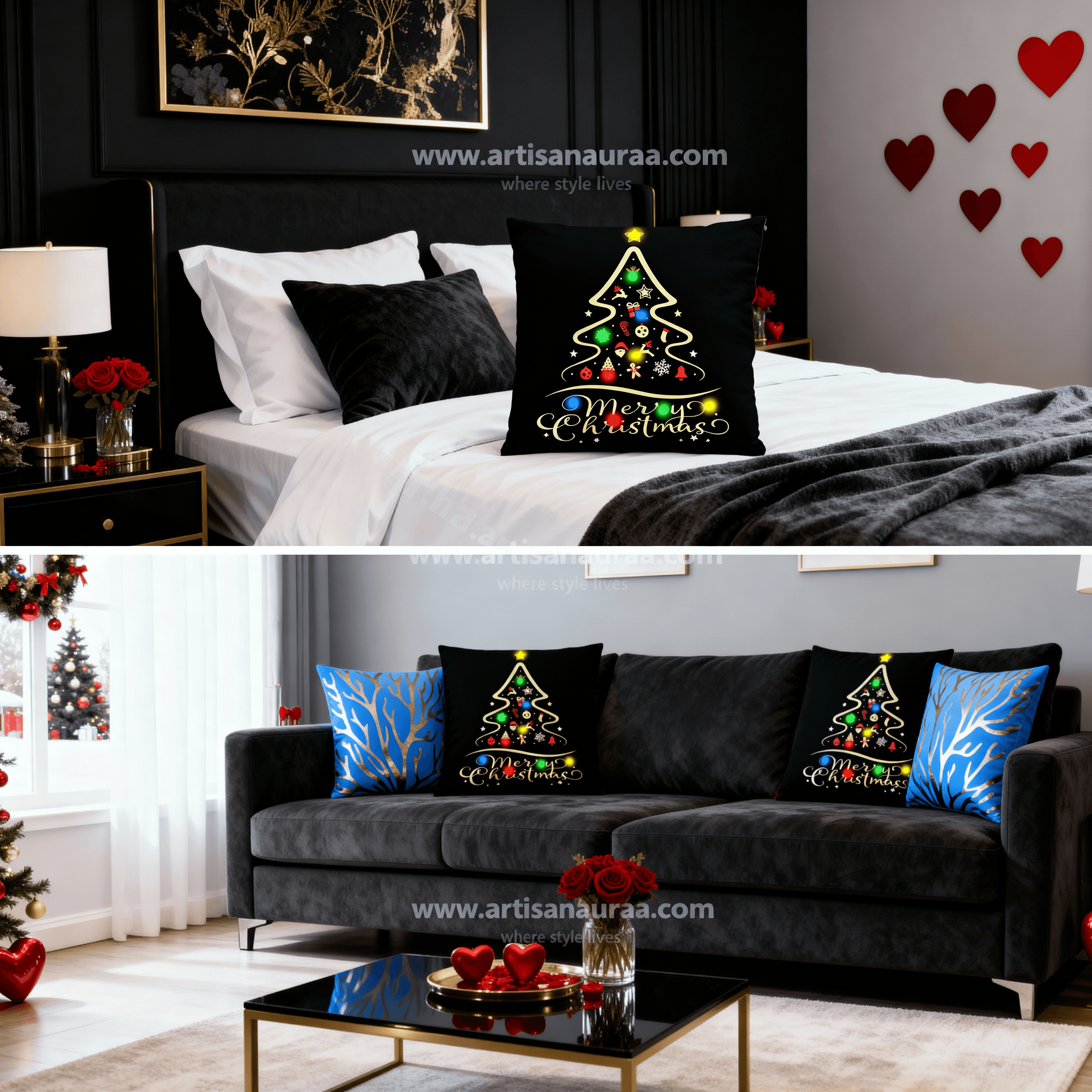 🎄 Midnight Glow: Stylized Christmas Tree & Lights Cushion Cover (18" x 18")