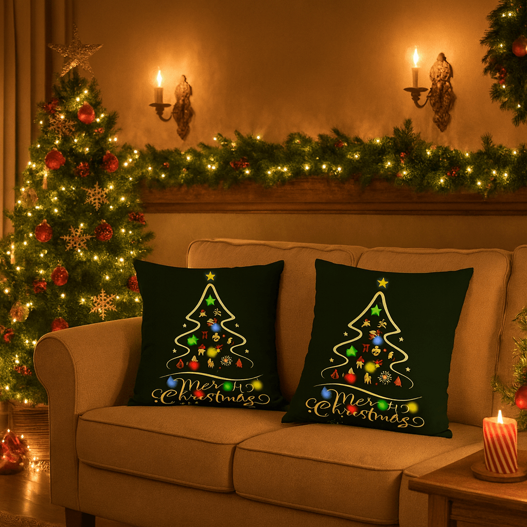 🎄 Midnight Glow: Stylized Christmas Tree & Lights Cushion Cover (18" x 18")