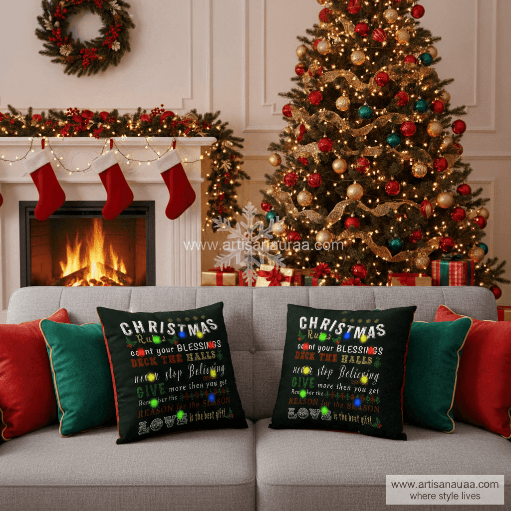 🎄 Christmas Rules: Festive Typography & Lights Cushion Cover (18" x 18")