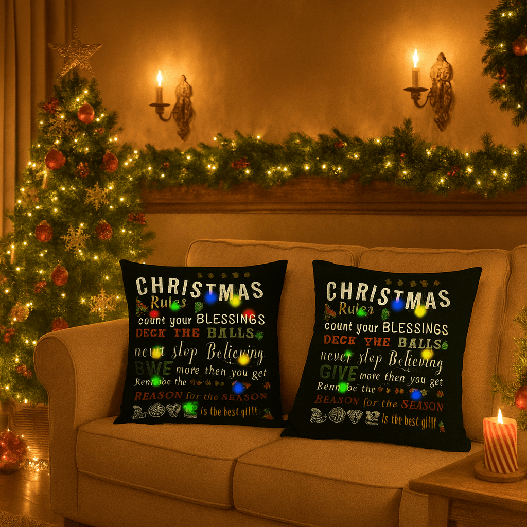 🎄 Christmas Rules: Festive Typography & Lights Cushion Cover (18" x 18")