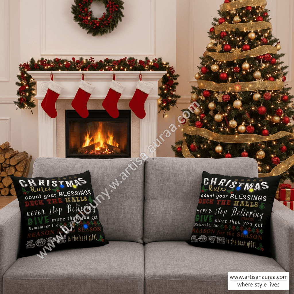 🎄 Christmas Rules: Festive Typography & Lights Cushion Cover (18" x 18")