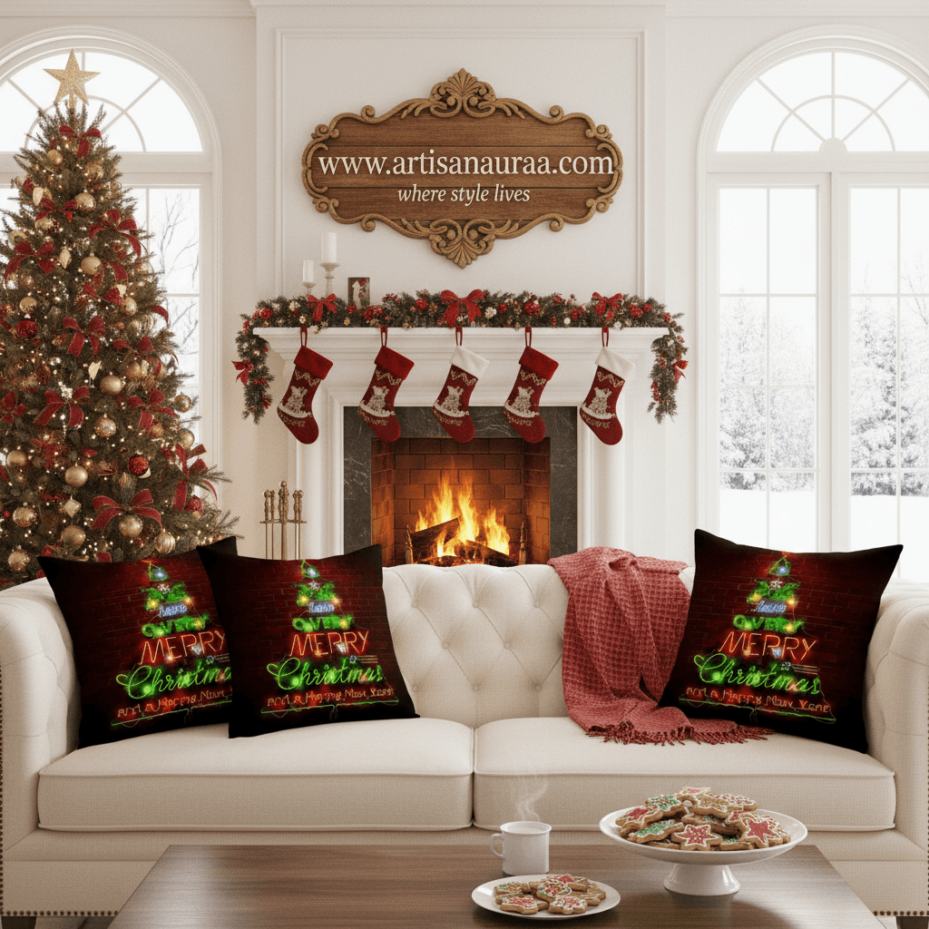 Neon Christmas Tree Cushion Cover 18 x 18 – “Have a Very Merry Christmas and a Happy New Year” – Festive Decorative Pillow Cover