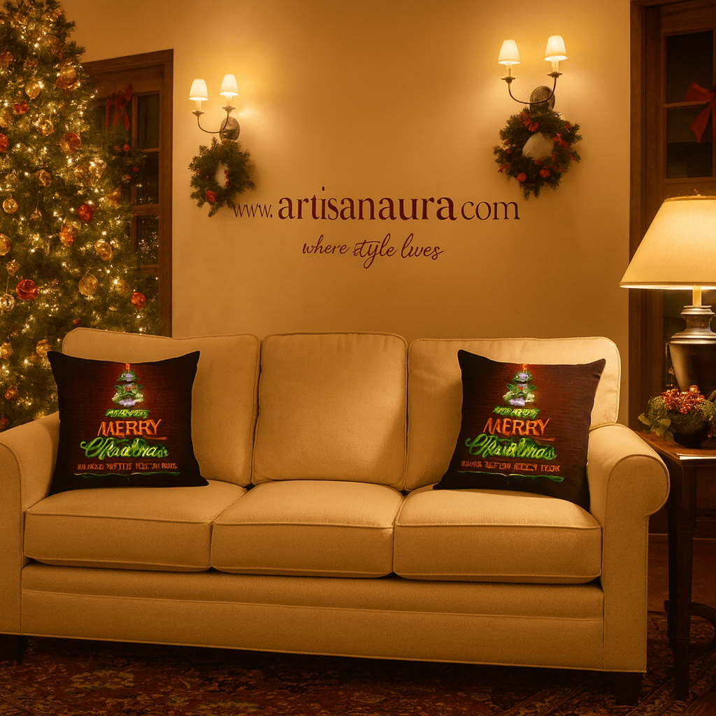 Neon Christmas Tree Cushion Cover 18 x 18 – “Have a Very Merry Christmas and a Happy New Year” – Festive Decorative Pillow Cover