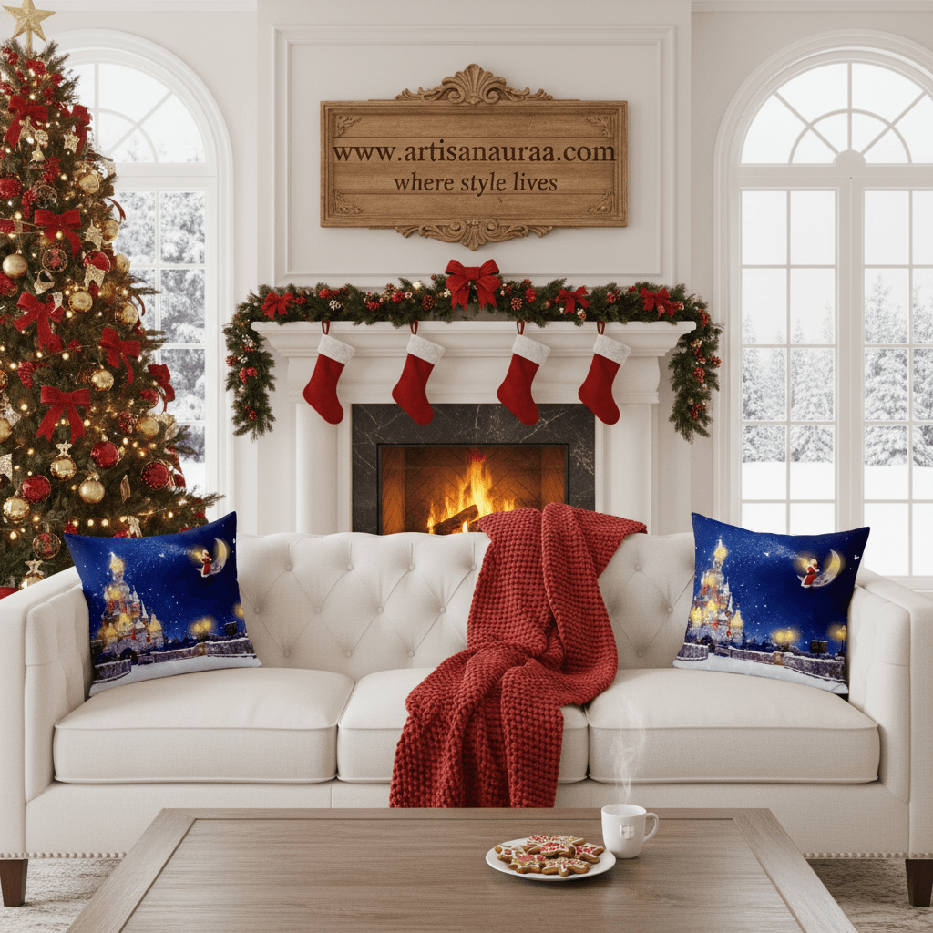 Magical Christmas Castle Cushion Cover – 18 x 18 – Santa on the Moon Winter Night Scene