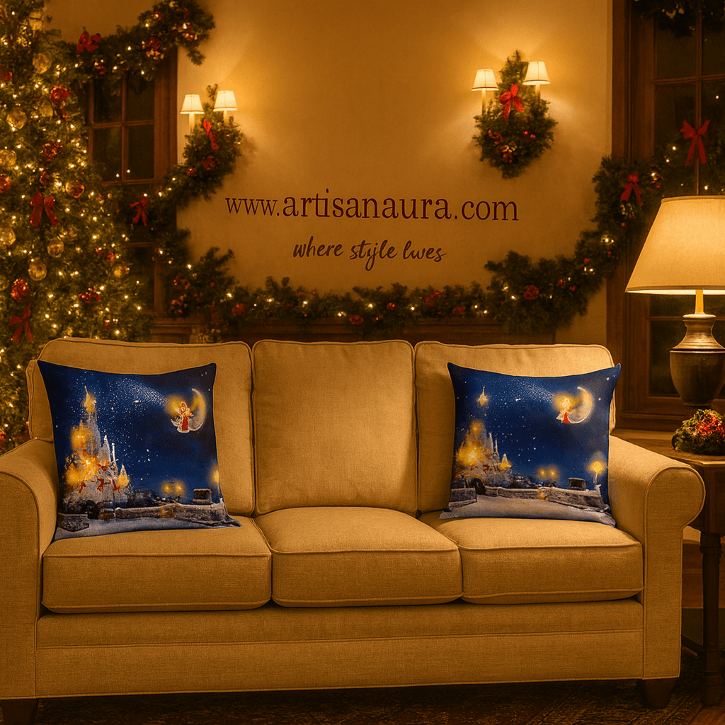 Magical Christmas Castle Cushion Cover – 18 x 18 – Santa on the Moon Winter Night Scene