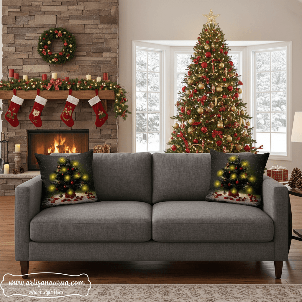 Glowing Christmas Tree Cushion Cover – 18 x 18 Inch – Festive Lights & Gift Boxes Design