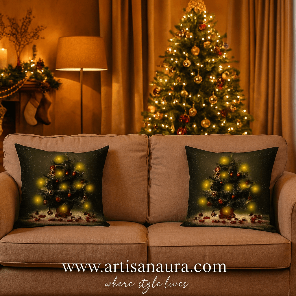 Glowing Christmas Tree Cushion Cover – 18 x 18 Inch – Festive Lights & Gift Boxes Design