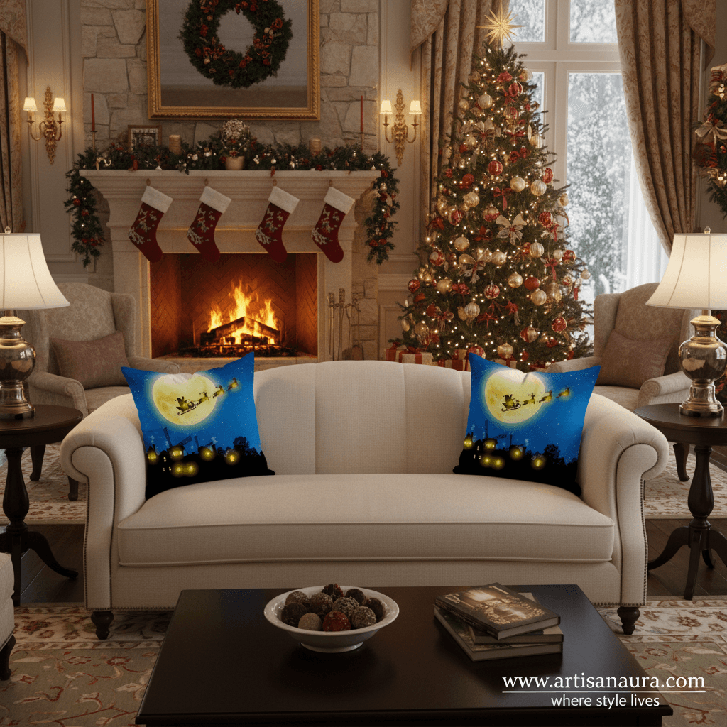 Santa’s Moonlit Sleigh Ride Cushion Cover – 18 x 18 inch – Festive Christmas Night Throw Pillow Cover