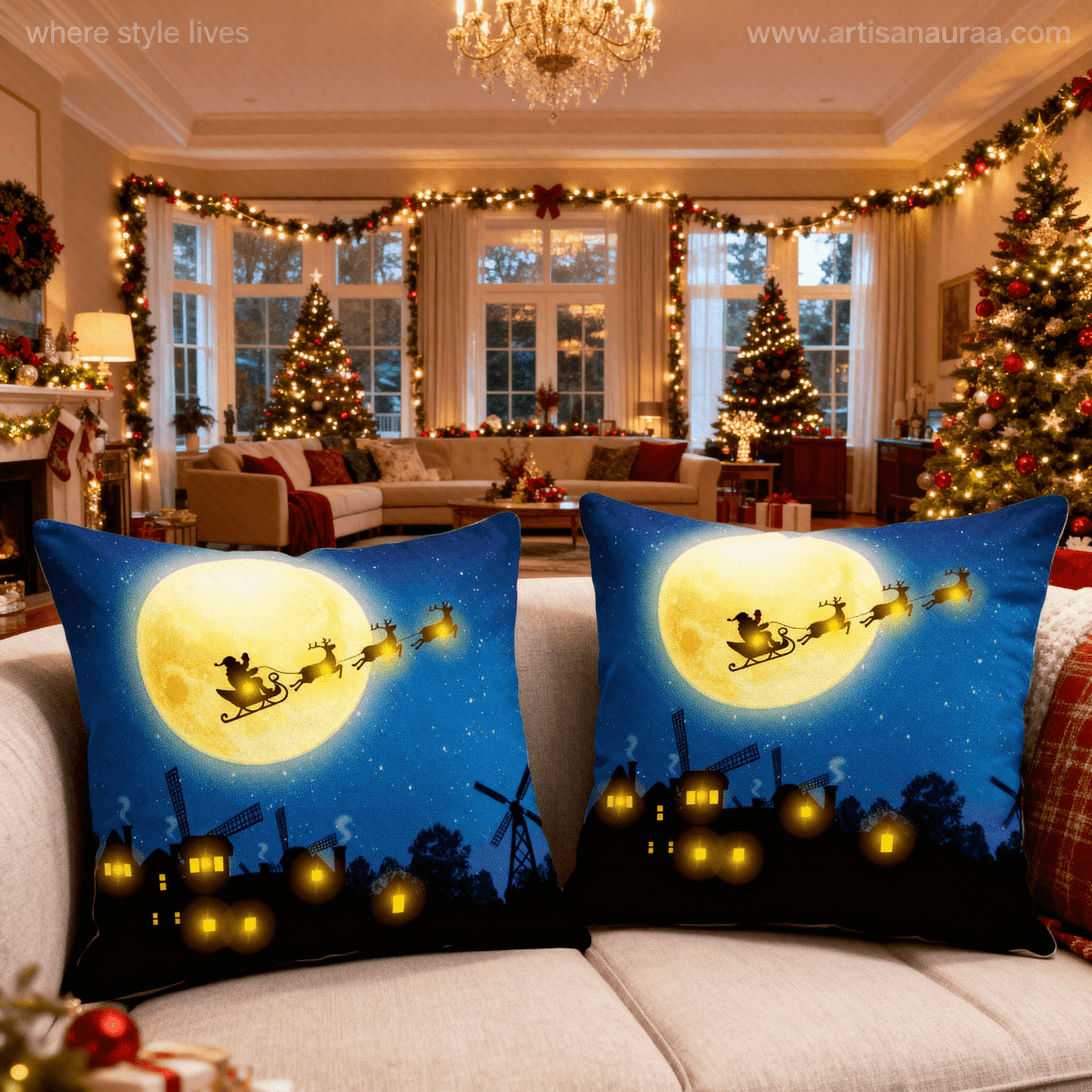 Santa’s Moonlit Sleigh Ride Cushion Cover – 18 x 18 inch – Festive Christmas Night Throw Pillow Cover