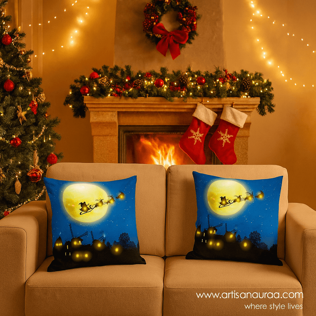 Santa’s Moonlit Sleigh Ride Cushion Cover – 18 x 18 inch – Festive Christmas Night Throw Pillow Cover