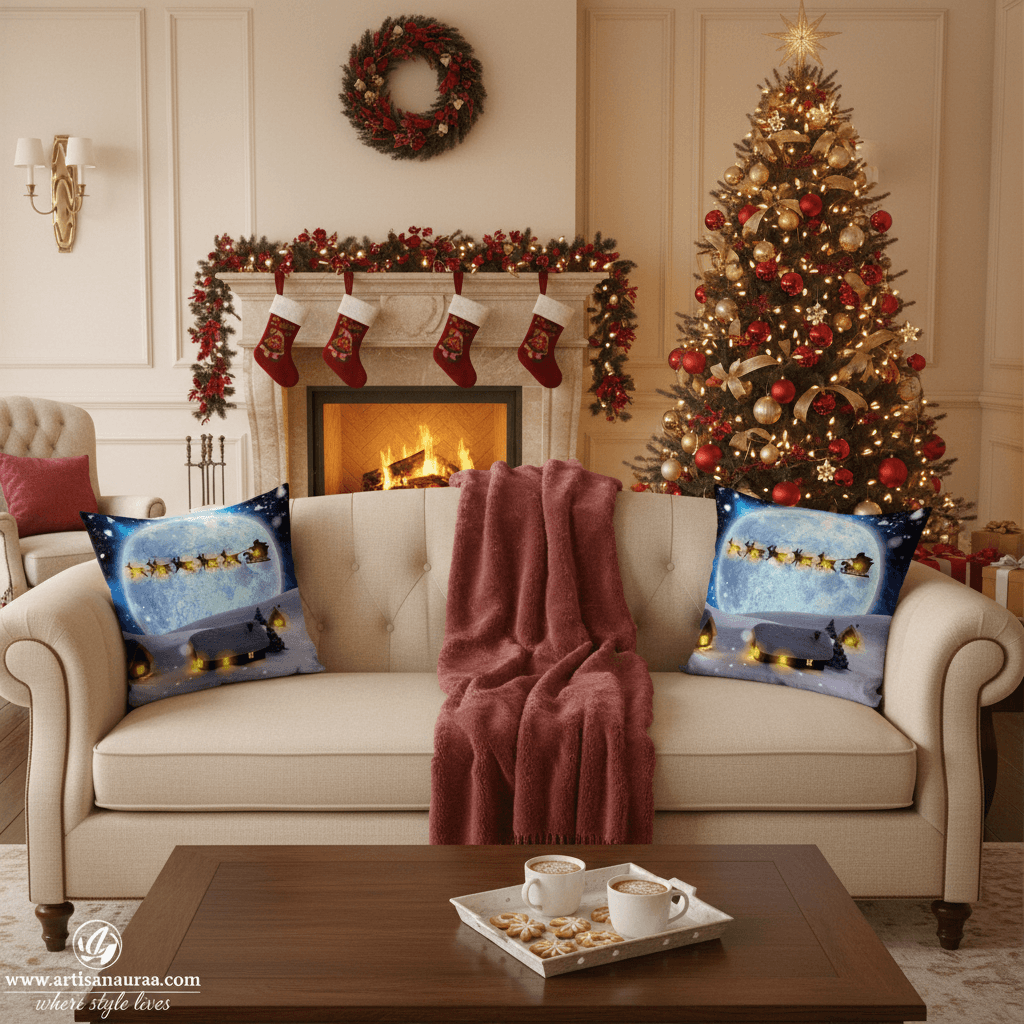Enchanting Winter Night Santa Sleigh 18x18 Inch Cushion Cover