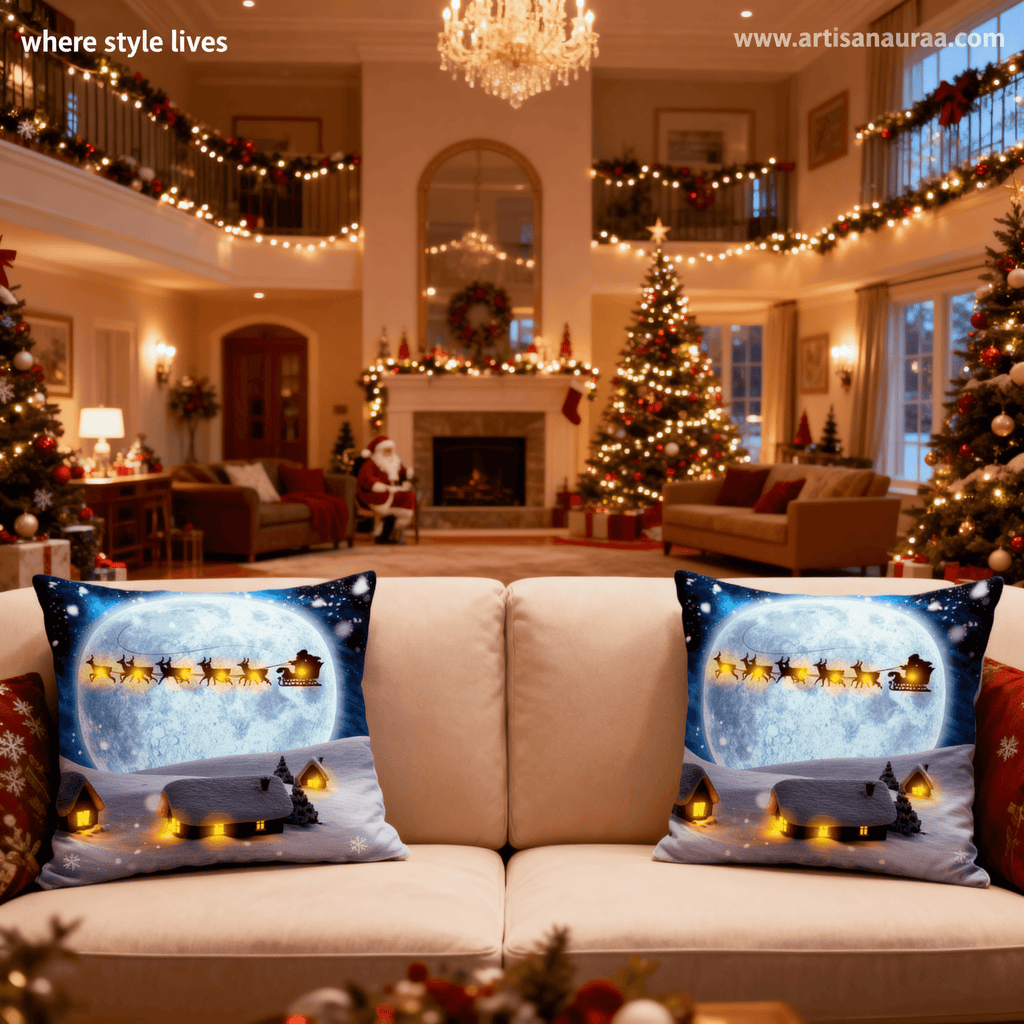 Enchanting Winter Night Santa Sleigh 18x18 Inch Cushion Cover