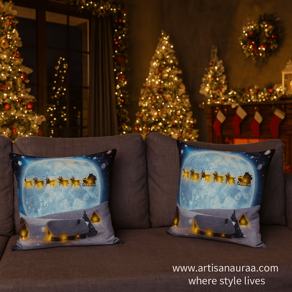 Enchanting Winter Night Santa Sleigh 18x18 Inch Cushion Cover