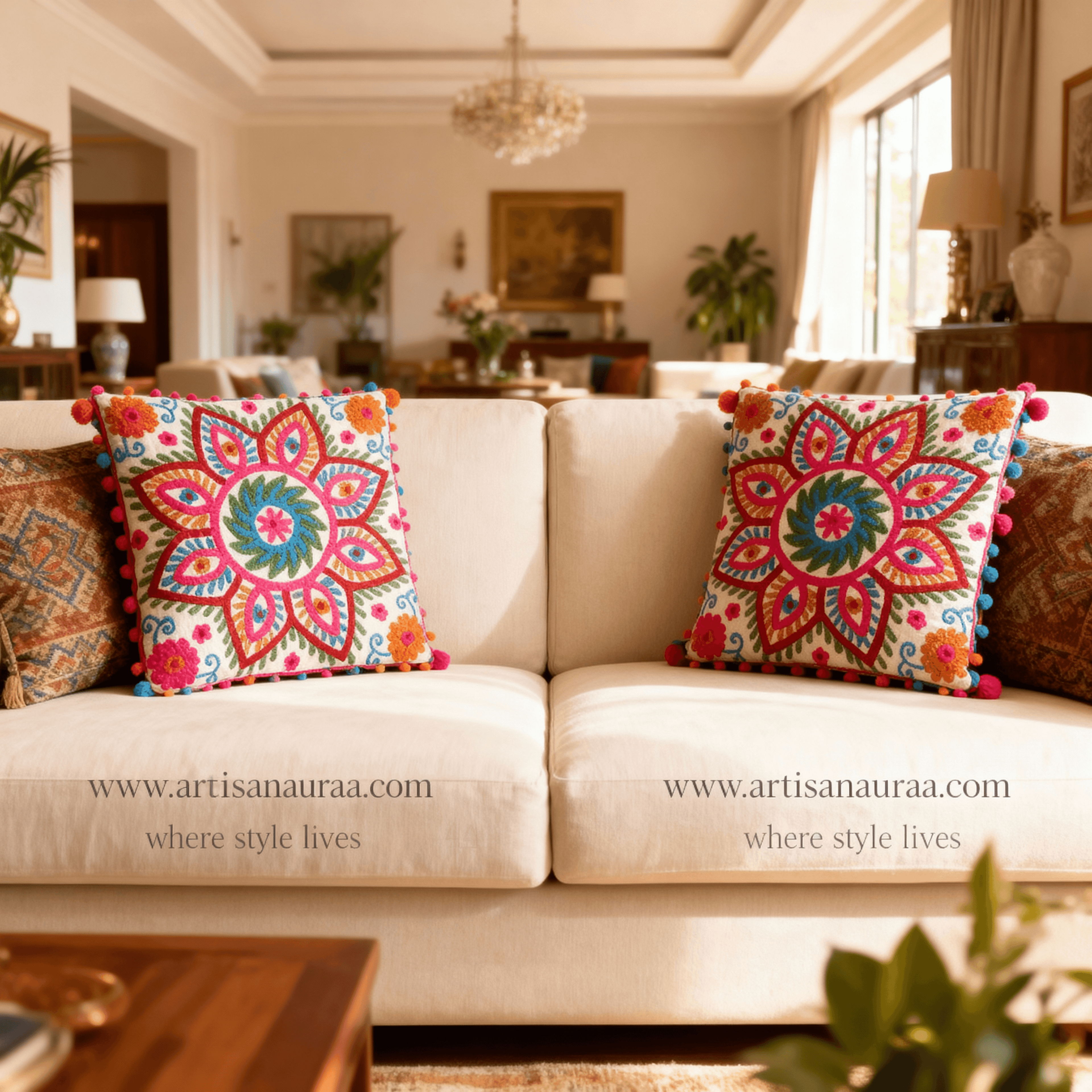 Vintage Inspired Hand-Embroidered Suzani Cushion Cover | 16" x 16" | Boho Floral Accent