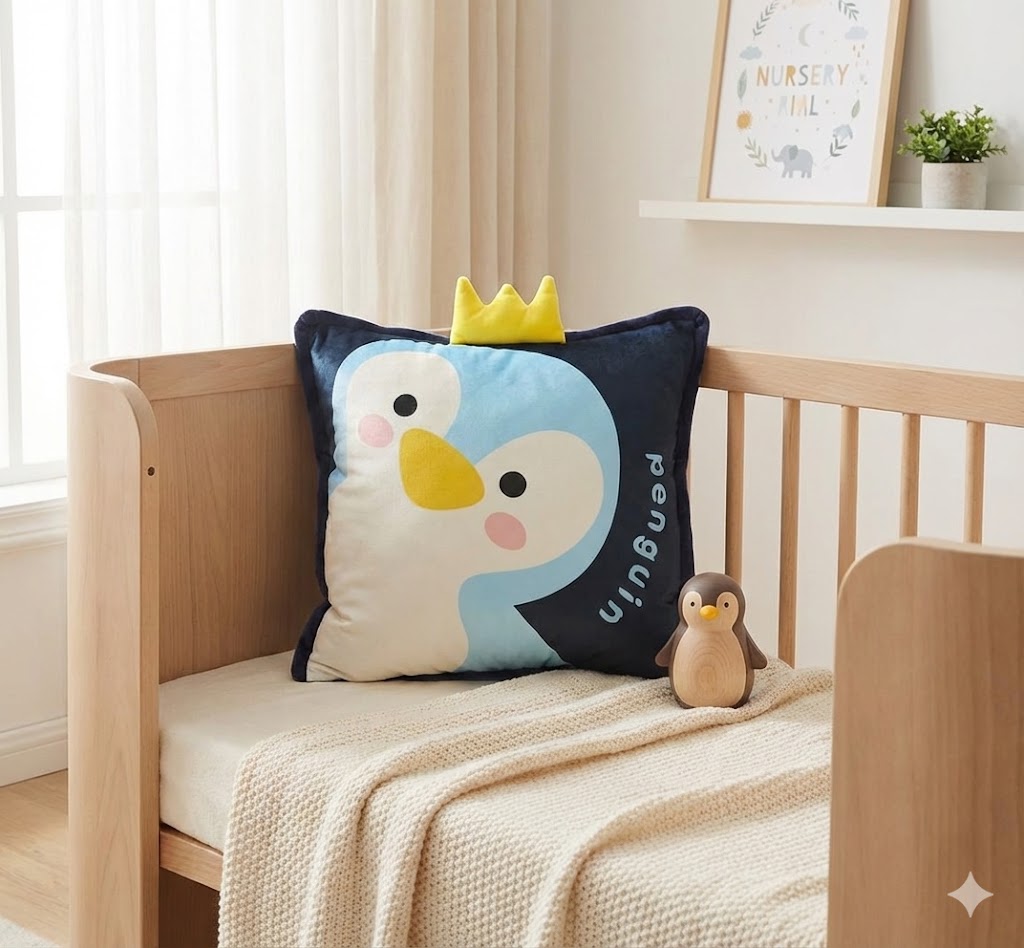 The penguin nursery pillow placed inside a light wood crib on a cream knit blanket, next to a small wooden penguin toy.