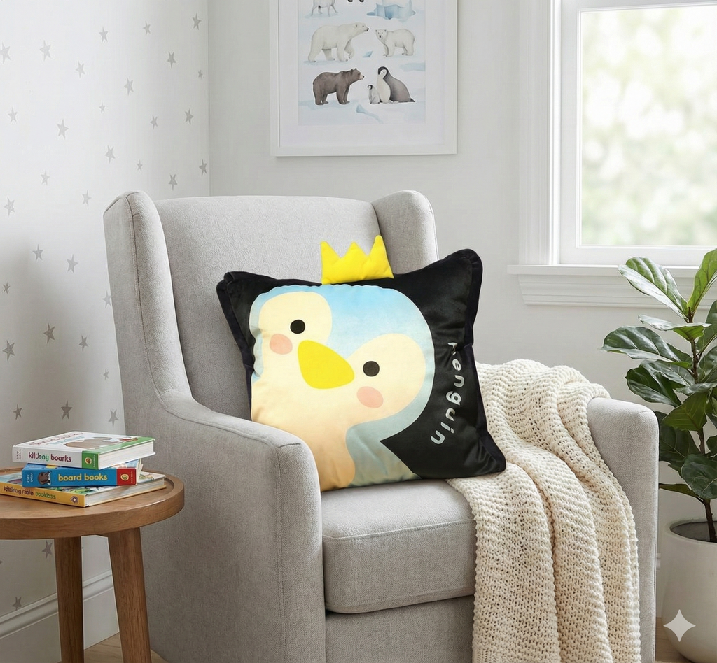 The plush penguin pillow resting on a grey nursery armchair with a chunky knit blanket draped over it, next to a side table with books and star wallpaper.