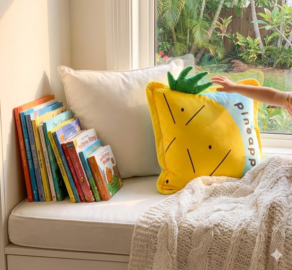 Sunny pineapple pillow with 3D leaves on a sunlit window seat reading nook, with a child's hand touching it, next to books and a blanket.