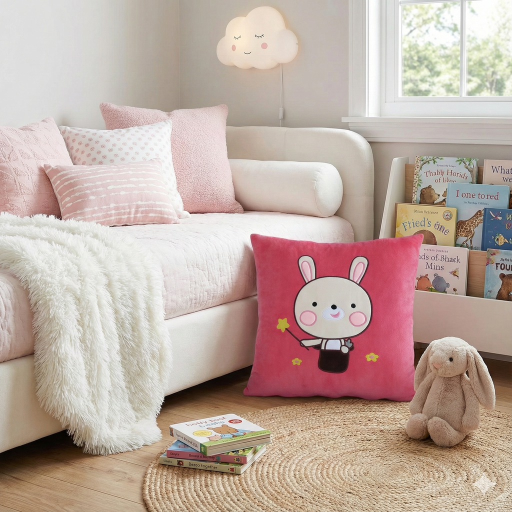Pink bunny cushion cover placed on a jute rug in a cozy nursery reading nook, next to a white daybed, books, and a plush bunny toy.