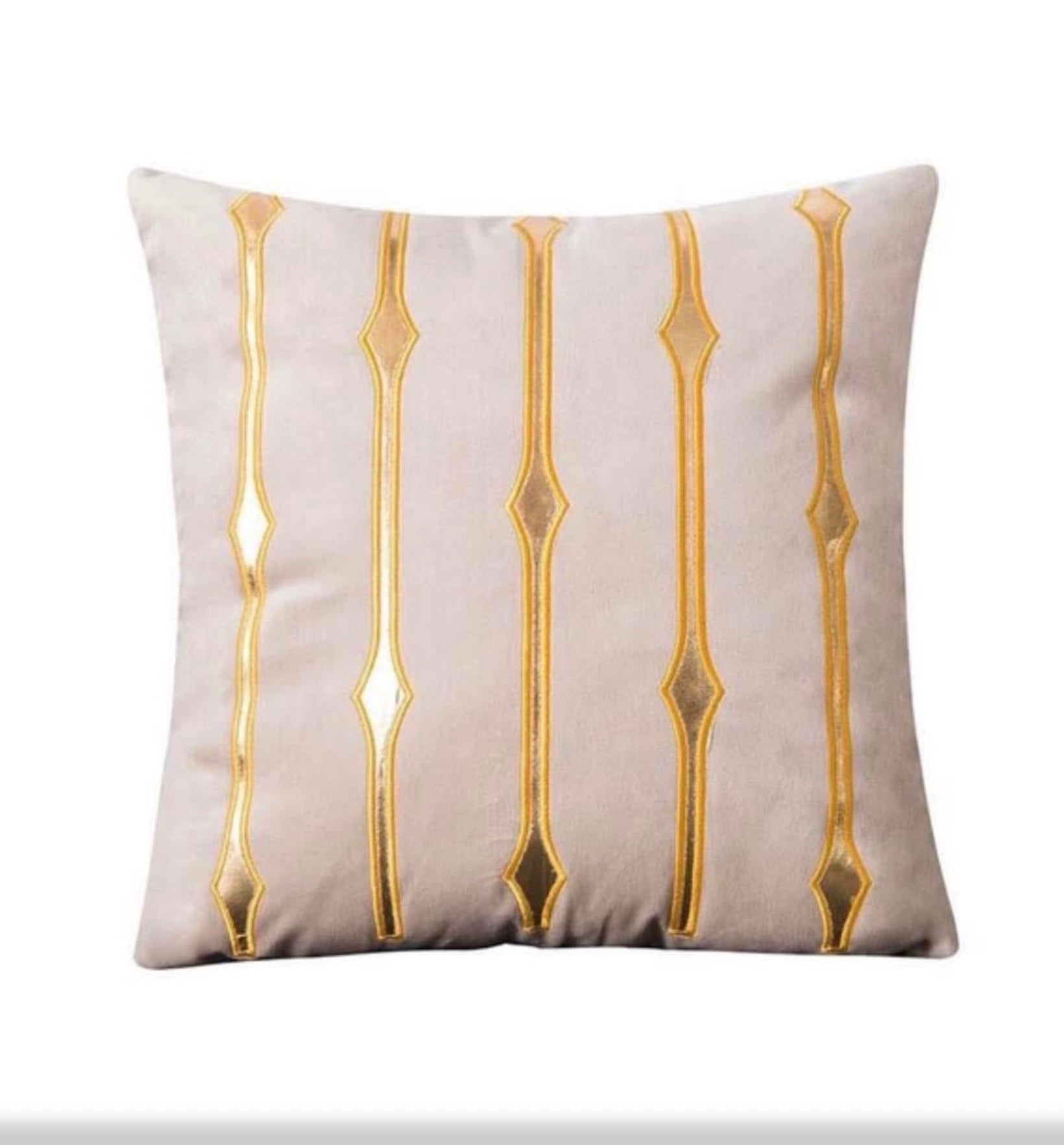 Front view of the Platinum Diamond Line cushion cover in light grey velvet with vertical metallic gold jeweled stripes.